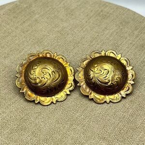 Vintage brass engraved circle pierced earrings